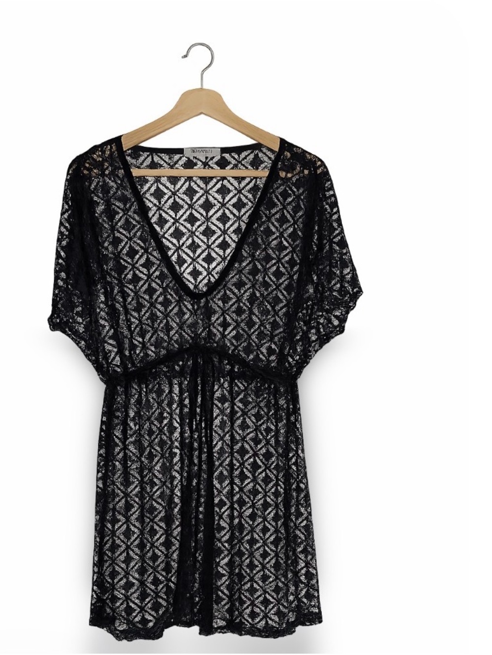 Miken Swim Black Crochet Swim Cover Up Size Large Sheer Beach Tunic Boho